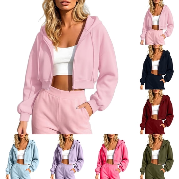KHONTS Zip up Crop Hoodie for Women Cropped Casual Hooded Sweatshirts Workout Long Sleeve Drawstring Jacket Tops Black M