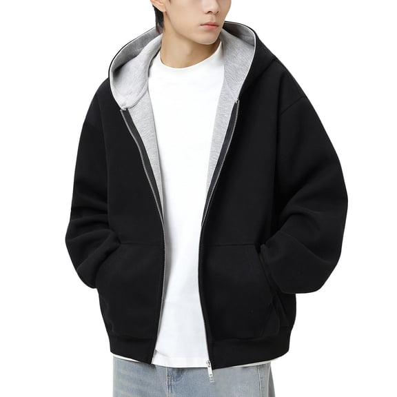 KHONTS Zip up Reversible Hoodies for Men Long Sleeve Casual Fall Winter Comfort Fashion Unisex Jacket Coat Black L