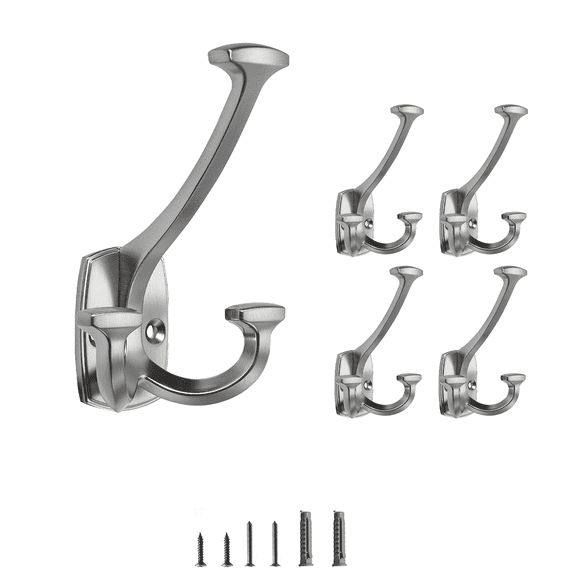 KHTUMEWARE Large Wall Double-Sided Hook 5 Pack Brushed Satin Nickel Hook Decorative Heavy Duty Solid Large Coat Hooks for Towel Hanging Coats Robe Towel Bags Door Back 2 Prong Hooks