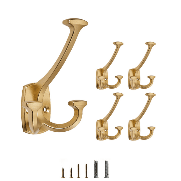 KHTUMEWARE Large Wall Double-Sided Hook 5 Pack Gold Hook Decorative Heavy Duty Solid Large Coat Hooks for Towel Hanging Coats Robe Towel Bags Door Back 2 Prong Hooks