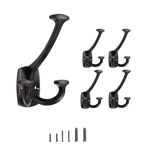 KHTUMEWARE Large Wall Double-Sided Hook 5 Pack Oil Rubbed Bronze Hook Decorative Heavy Duty Solid Large Coat Hooks for Towel Hanging Coats Robe Towel Bags Door Back 2 Prong Hooks