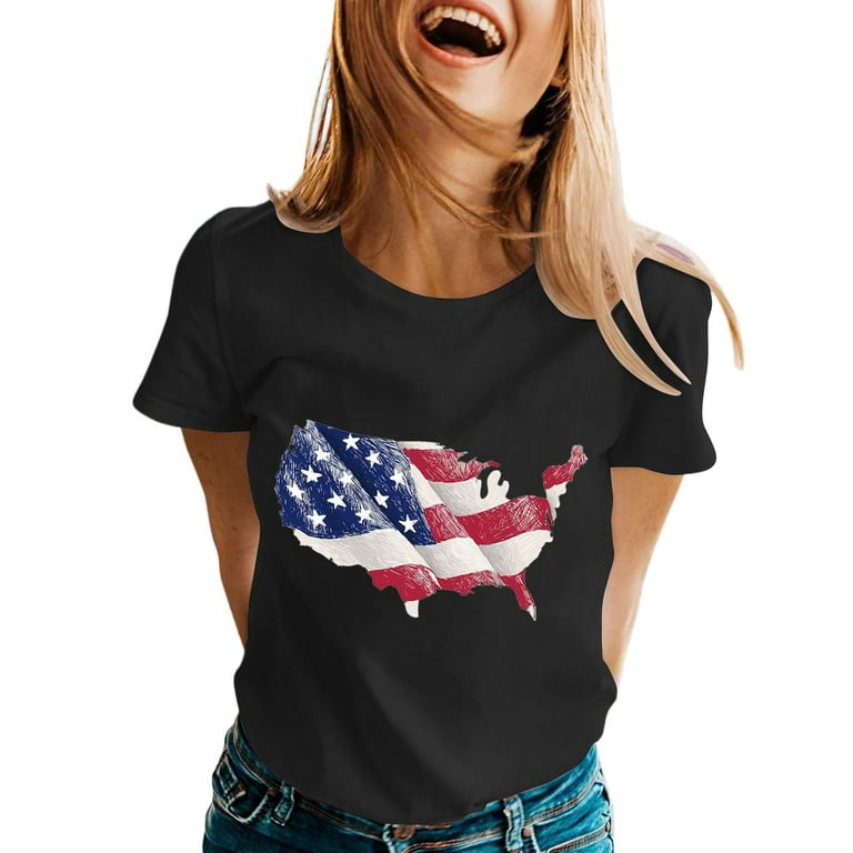 KI-8jcuD Comfy Clothes for Women Foreign Trade European and American  Independence Day Printing Casual Round Neck T Shirt Short Sleeve Loose  Large Size
