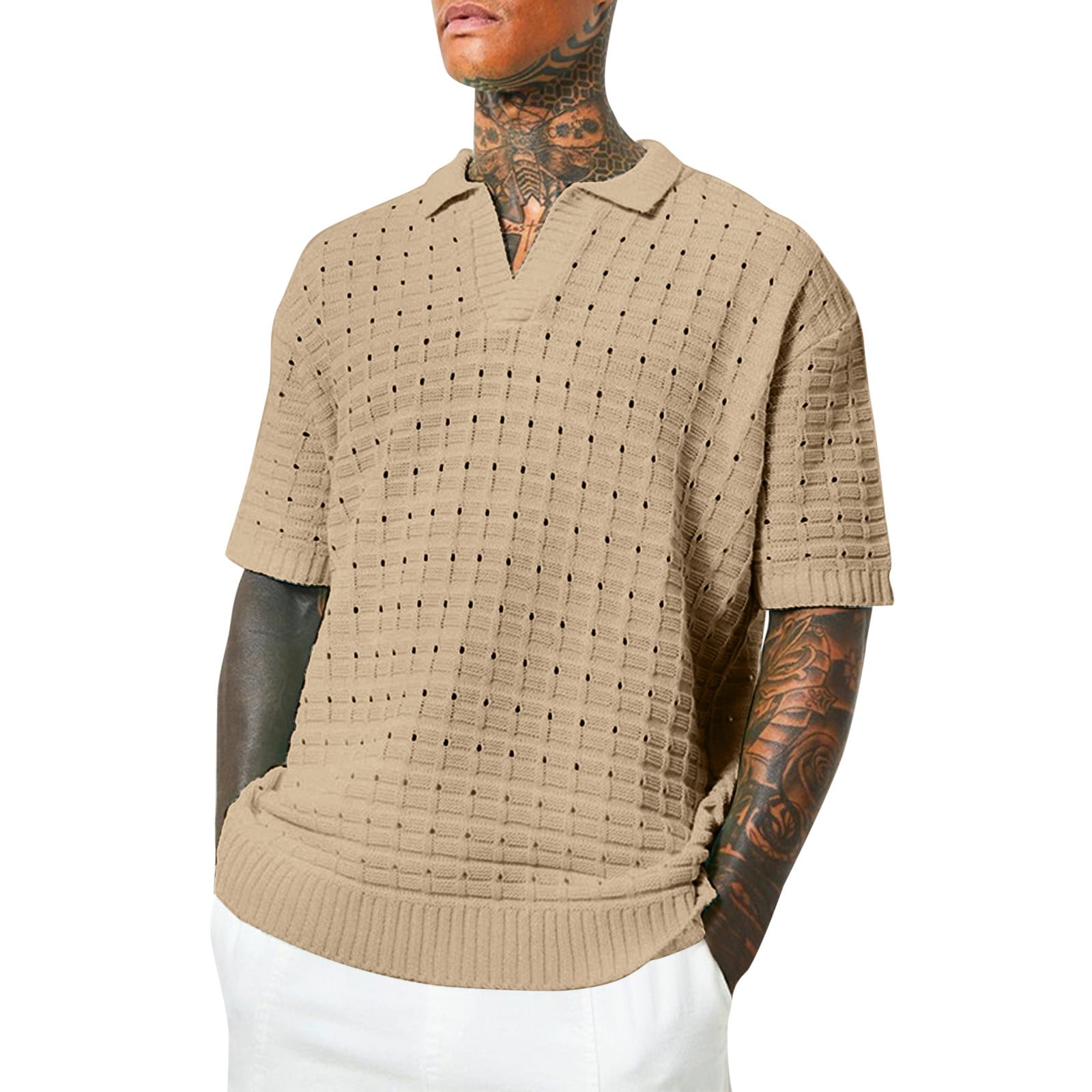 Incerun Men's Collarless Short Sleeve Button Down Casual Dress Shirt Tops, Size: Small, Beige