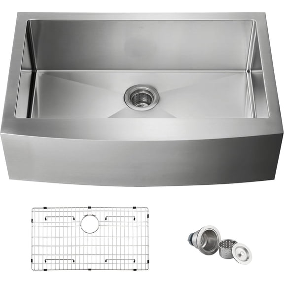 KIBI 33-Inch Farmhouse Kitchen Workstation Sink | Single Bowl Apron Front Stainless Steel Sink with Bottom Grid, Strainer, and 10" Deep Bowl | Scratch-Resistant Finish, 3.5" Drain Opening (K1-SF33)