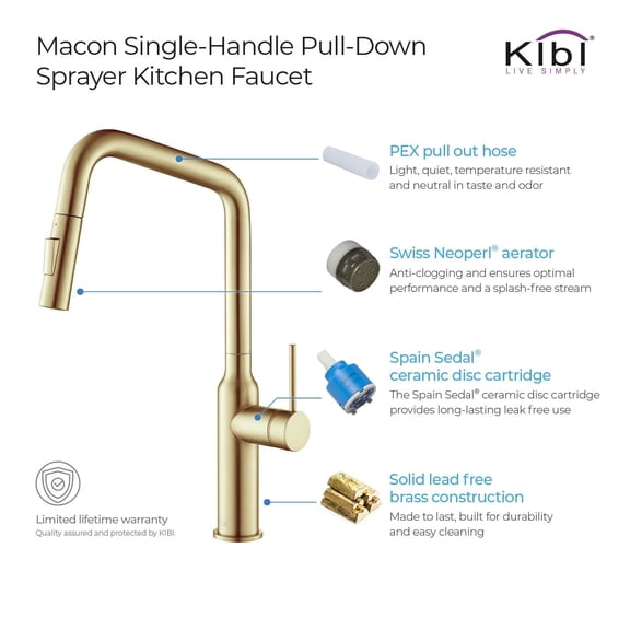 Kibi USA Brass High Arc Single Lever Kitchen Faucet with Pull Down Sprayer Brushed Gold Brushed