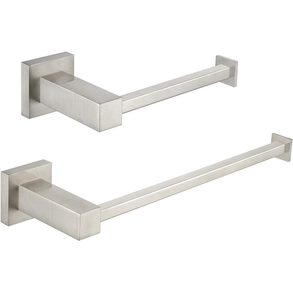KIBI Cube 2-Piece Bathroom Hardware Set | Brushed Nickel Towel Bar and Toilet Paper Holder | Solid Brass Bathroom Accessories with Corrosion-Resistant Finish (C-KBA15-2-1)