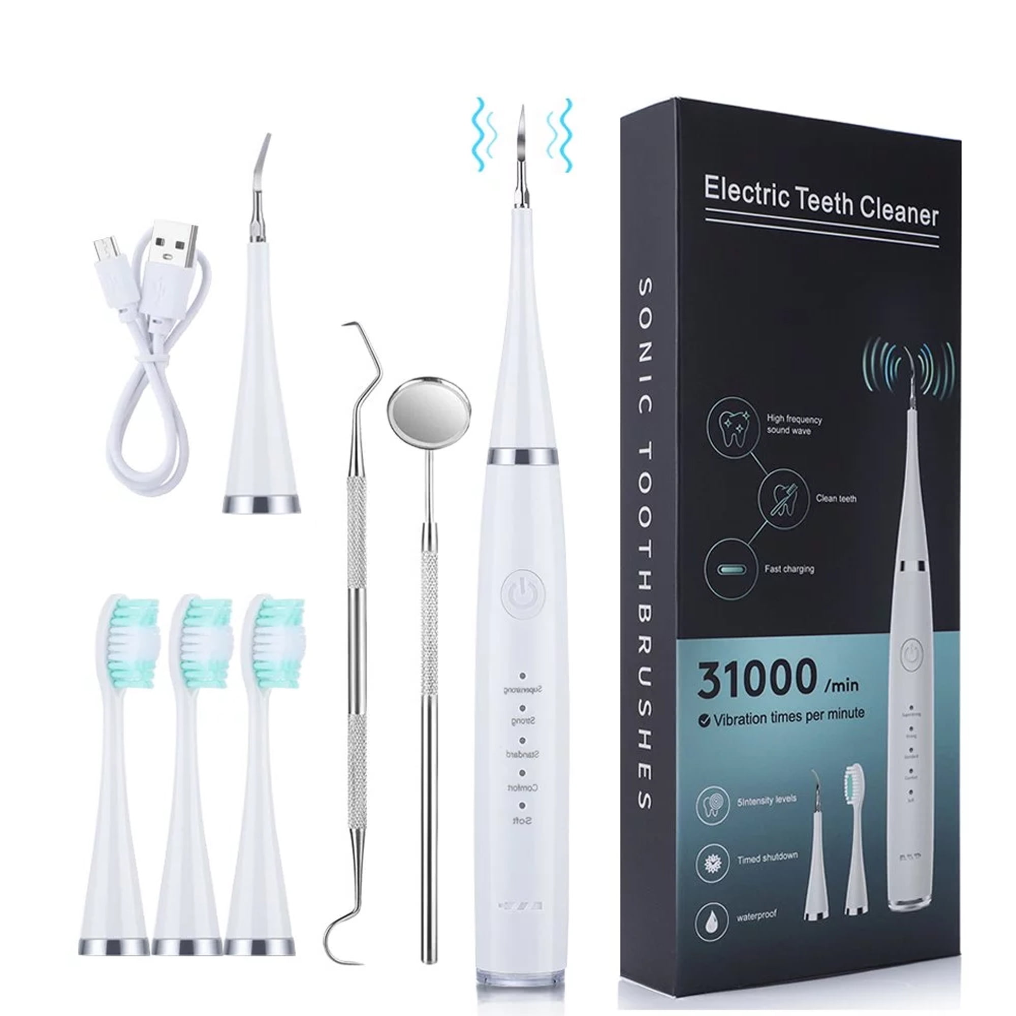 KIBVOE Electric Sonic Dental Calculus Remover For Teeth Whitening USB Rechargeable Portable Tooth Cleaner Tool KitWhite).