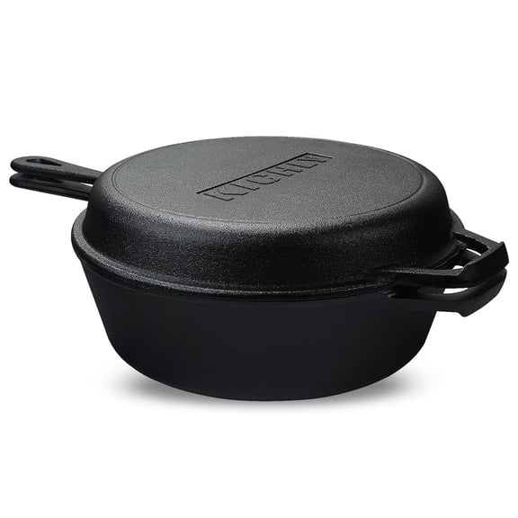 KICHLY Pre-Seasoned Cast Iron Combo Cooker Dutch Oven with Skillet Lid, 3.2 Quart 10.25 Inch Dual Function Cast Iron Pot & Pan for Baking, Frying, Roasting & Camping, Black