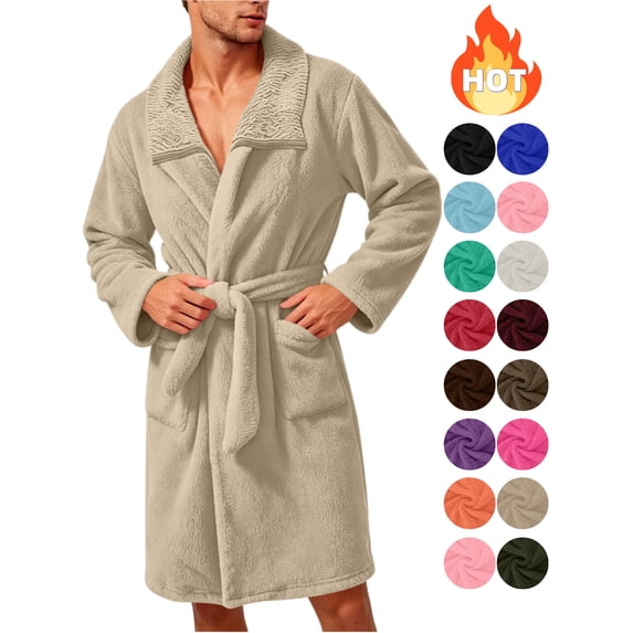 KICILVS Bathrobe for Men Plush Fleece Cozy Soft Belted Mid Length Robe with Pockets Warm Winter Home Shower Wear Beige