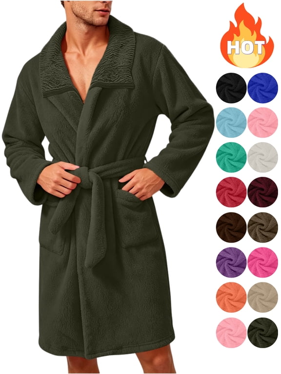 Bathrobe for Men Plush Fleece Cozy Soft Belted Mid Length Robe with Pockets Warm Winter Home Shower Wear Green