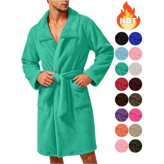 KICILVS Bathrobe for Men Plush Fleece Cozy Soft Belted Mid Length Robe with Pockets Warm Winter Home Shower Wear Green