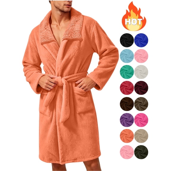 KICILVS Bathrobe for Men Plush Fleece Cozy Soft Belted Mid Length Robe with Pockets Warm Winter Home Shower Wear Orange