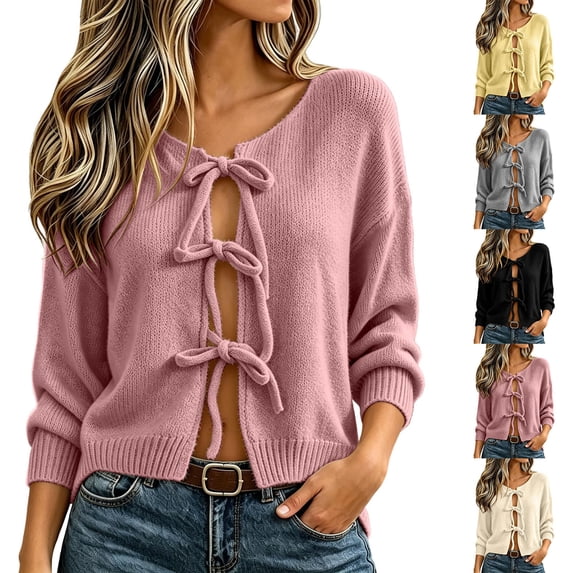 KICILVS Bow Tie Front Cardigan Women Long Sleeve Soft Knit Cropped Fit Sweater Elastic Cuffs Winter Bolero Top