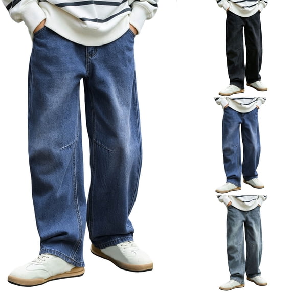 KICILVS Boys Wide Leg Denim Jeans Straight Baggy Fit Loose Casual Trousers Solid Color Pants Boys Casual Jeans 5-15 Years