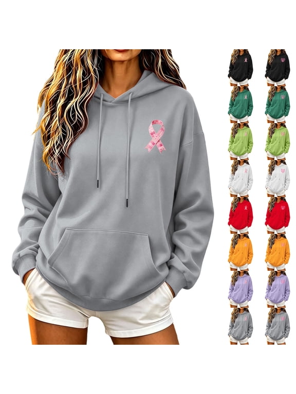 Breast Cancer Hoodies Women Pink Ribbon Print Hoodie with Pocket Long Sleeve Support Pullover Top for Daily Wear