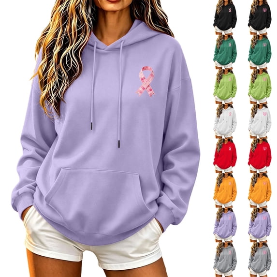 KICILVS Breast Cancer Sweatshirt Pink Ribbon Print Hoodie with Pocket Long Sleeve Support Pullover Top for Daily Wear