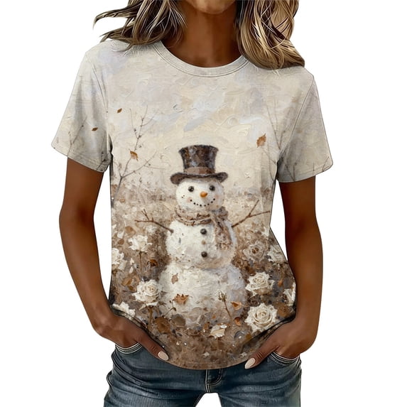 KICILVS Christmas Blouses for Women Snowman Graphic Short Sleeve Round Neck Top Cute Holiday Tee for Festive Events