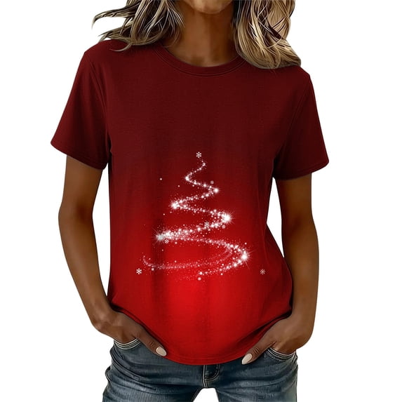 KICILVS Christmas Blouses for Women Xmas Tree Graphic Short Sleeve Round Neck Top Cute Holiday Tee for Festive Events