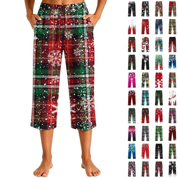 KICILVS Christmas Pajama Pants Women Cute Xmas Print Lounge Capri Pants with Pockets Holiday Sleepwear Bottoms for Women