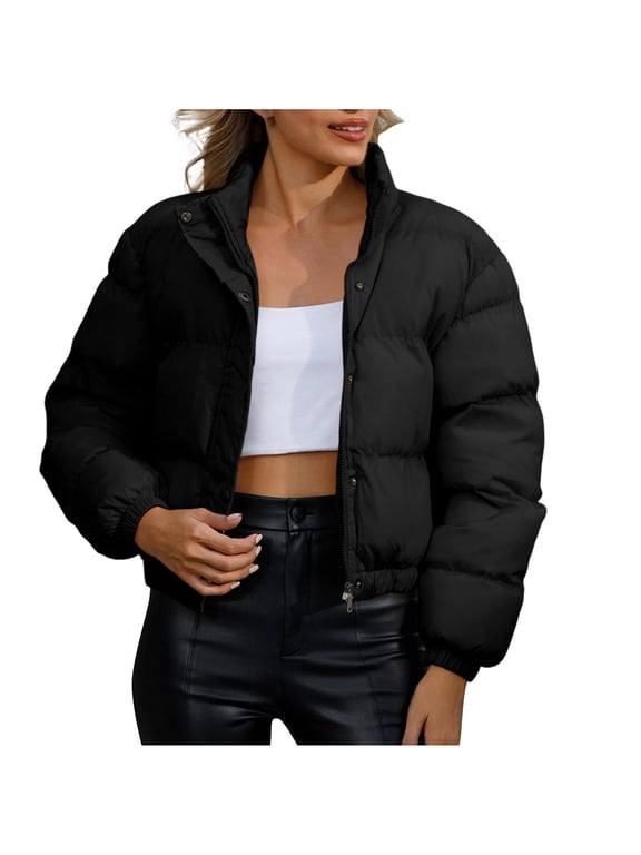 Cropped Puffer Jacket Women Stand Collar Long Sleeve Full Zipper Bubbles Coat Warm Winter Fall Fashion Outerwear