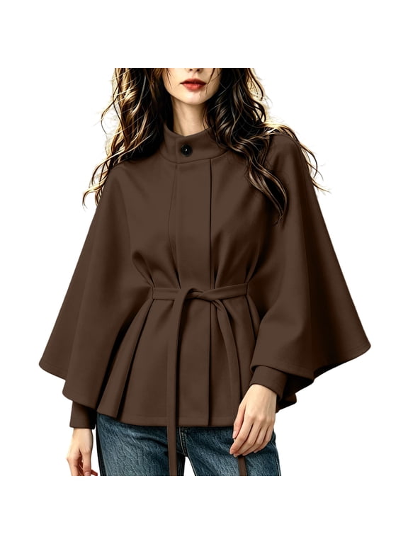 Cropped Trench Coat for Women Stand Collar Bell Sleeve Cape Jacket with Belt Warm Winter Outerwear Coat
