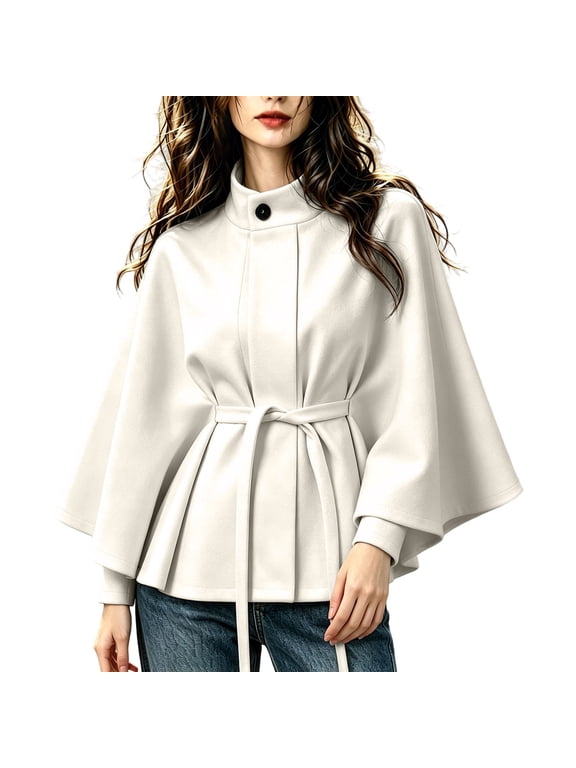 Cropped Trench Coat for Women Stand Collar Bell Sleeve Cape Jacket with Belt Warm Winter Outerwear Coat