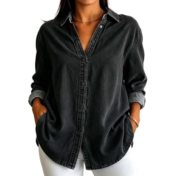 KICILVS Denim Shirt Women Button Down Collar Loose Fit Long Sleeve Blouse Trendy Comfortable Fashion Clothing