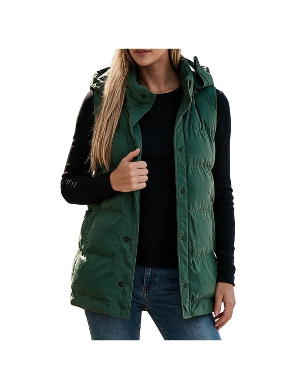 Down Jacket Women Sleeveless Hooded Quilted Puffer Vest Winter Warm Thermal Full Zip Jacket with Pockets