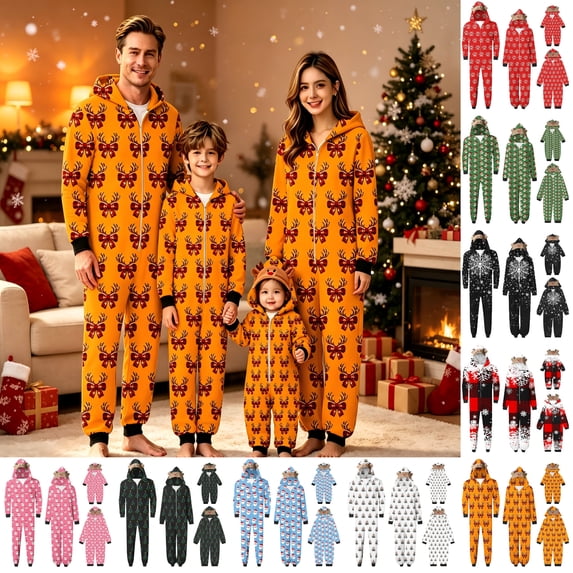 KICILVS Family Matching Christmas Pjs Cute Reindeer Onesie Pajamas Holiday Deer Hooded Zip Up Jumpsuit Sleepwear for Festive Cheer