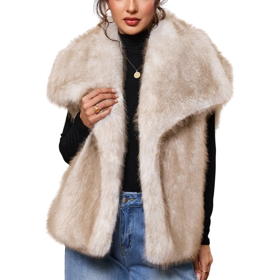 KICILVS Faux Fur Vest Women Shawl Collar Sleeveless Fuzzy Open Front Coat Warm Winter Outerwear Fashion Clothing