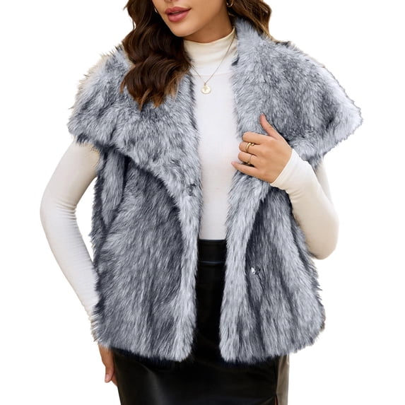 KICILVS Faux Fur Vest Women Shawl Collar Sleeveless Fuzzy Open Front Coat Warm Winter Outerwear Fashion Clothing
