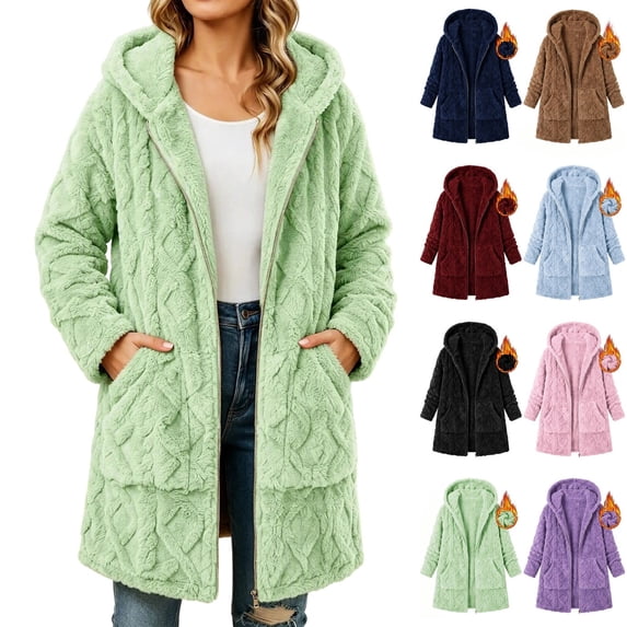 KICILVS Fleece Jackets for Women Hooded Fuzzy Long Coat with Pockets Warm Winter Outerwear for Cold Weather
