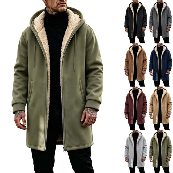 KICILVS Fleece Lined Jacket Men Zip Up Long Hooded Coat with Pockets for Outdoor Casual Soft Cozy Thick Warm Winter Outerwear