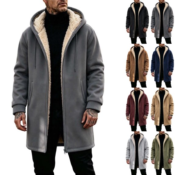 KICILVS Fleece Lined Jacket Men Zip Up Long Hooded Coat with Pockets for Outdoor Casual Soft Cozy Thick Warm Winter Outerwear