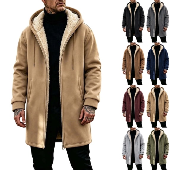 KICILVS Fleece Lined Jacket Men Zip Up Long Hooded Coat with Pockets for Outdoor Casual Soft Cozy Thick Warm Winter Outerwear