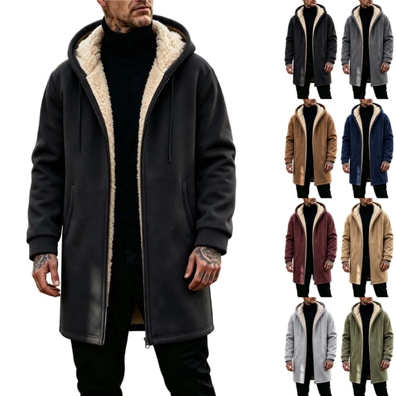 KICILVS Fleece Lined Jacket Men Zip Up Long Hooded Coat with Pockets for Outdoor Casual Soft Cozy Thick Warm Winter Outerwear