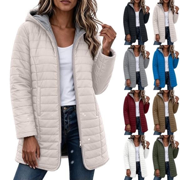 KICILVS Fleece Lined Puffer Jacket Women Lightweight Zip Up Hooded Jacket Mid Length Quilted Winter Coat with Pockets