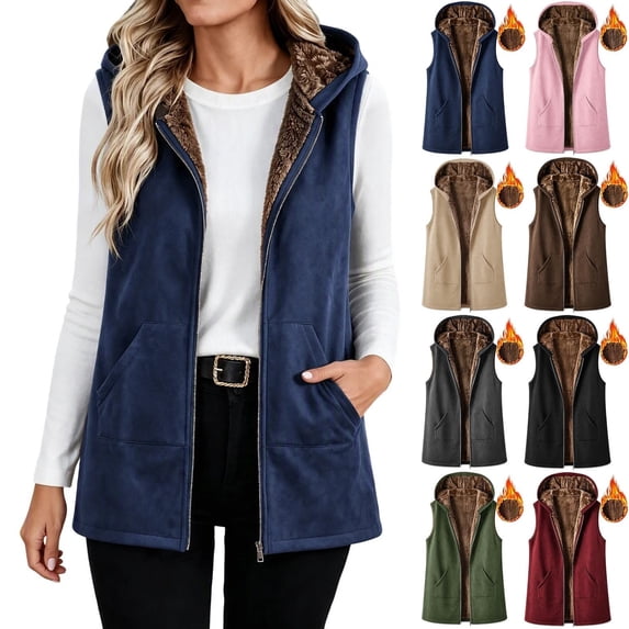 KICILVS Fleece Lined Vest for Women Warm Winter Casual Waistcoat Hooded Full Zip Sleeveless Jacket with Pockets