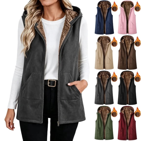 KICILVS Fleece Lined Vest for Women Warm Winter Casual Waistcoat Hooded Full Zip Sleeveless Jacket with Pockets