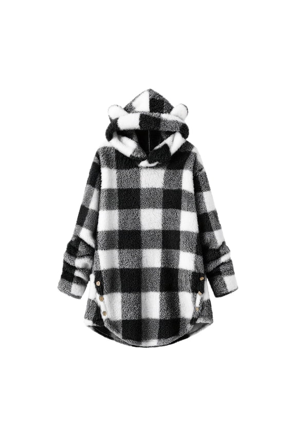 Fleece Pullover Women Plaid Hooded Sweater with Bear Ears and Side Button Hem Warm Winter Casual Loungewear Tops Daily