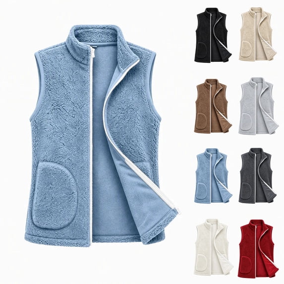 KICILVS Fleece Vest Women Stand Collar Full Front Zipper Waistcoat with Pockets Sleeveless Coat for Winter Wear Navy