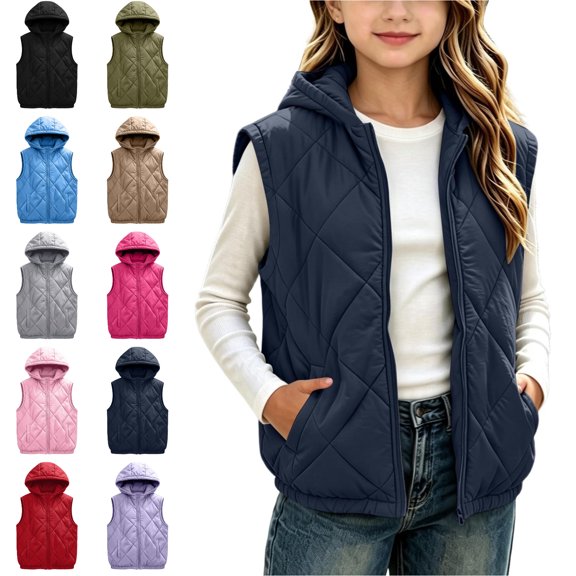 KICILVS Girls Puffer Vest Lightweight Quilted Sleeveless Full Zip Jacket Hooded Outerwear for Fall Winter Kids Wear 4-15 Years