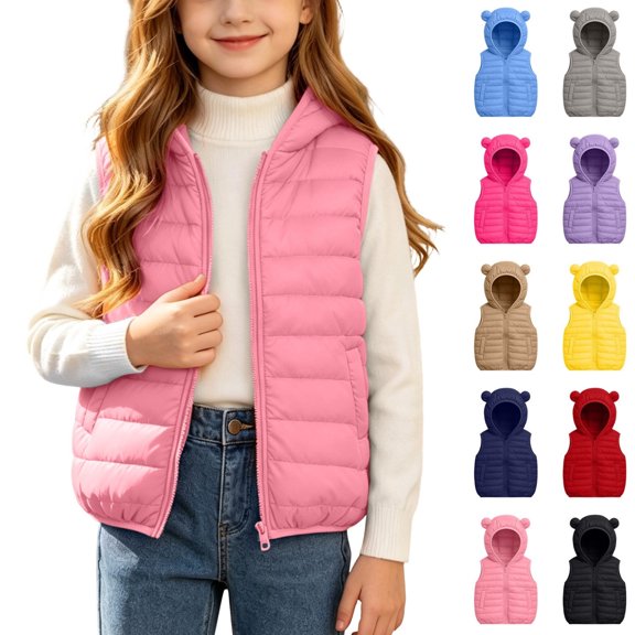 KICILVS Girls Puffer Vest Zip Up Hooded Sleeveless Jacket with Pockets for Fall and Winter Warm Waistcoat 4-15 Years
