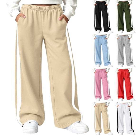 KICILVS Girls Track Pants with Side Stripe Detail Drawstring Waist Wide Leg Sweatpants with Pockets Sporty Trousers for Casual Outings 5-15 Years