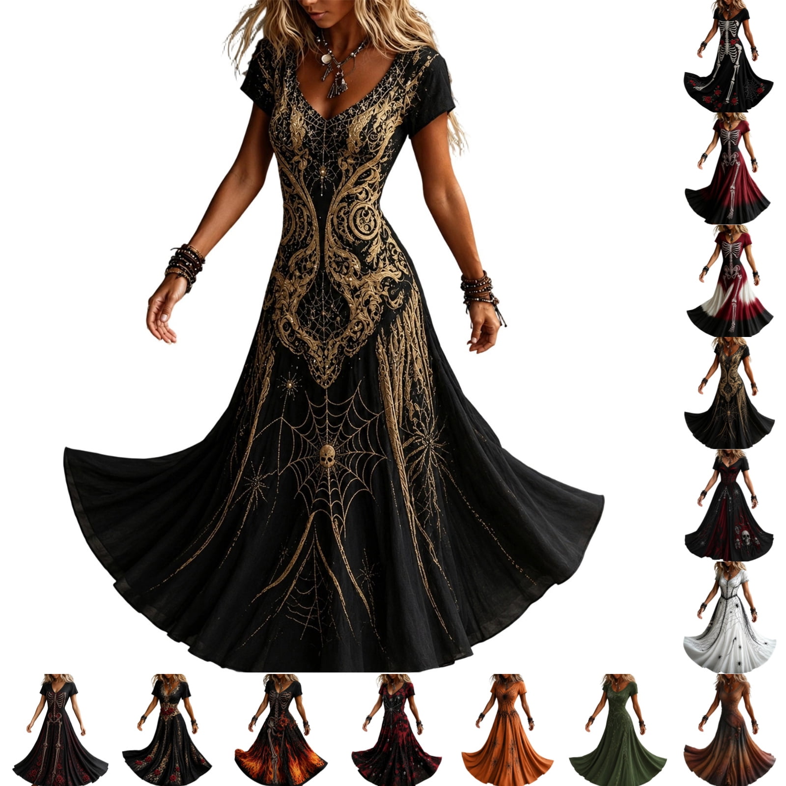 golden spiderweb dresses KICILVS Gothic Clothes For Women Gold Lace And Print Flowing V Neck Long Maxi Dress Halloween Cosplay Gothic Party Dress Plunging
