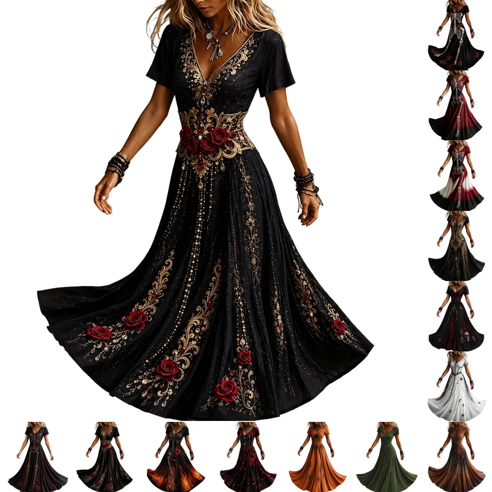 Red Rss Dress KICILVS Gothic Clothes For Women Gold Vine And Red Rose Print Flowing V ...