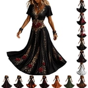 KICILVS Gothic Clothes For Women Gold Vine And Red Rose Print Flowing V Neck Long Maxi Dress Halloween Cosplay Gothic Party Dress