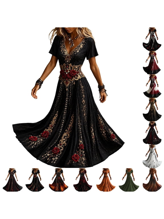 Gothic Clothes For Women Gold Vine And Red Rose Print Flowing V Neck Long Maxi Dress Halloween Cosplay Gothic Party Dress