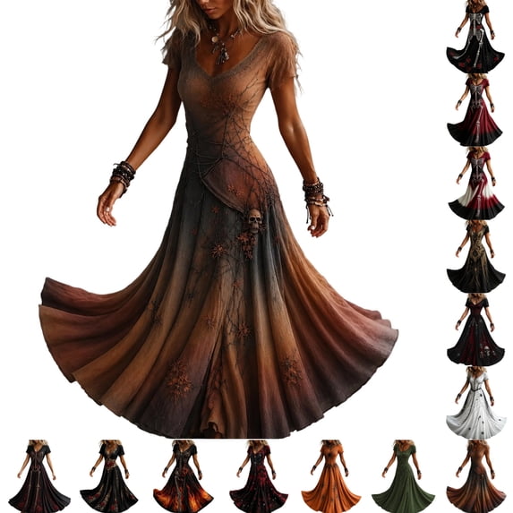 KICILVS Gothic Clothes For Women Gradient Skull And Spider Print Flowing V Neck Long Maxi Dress Halloween Cosplay Gothic Party Dress