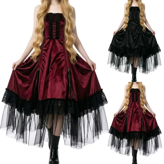 KICILVS Gothic Clothes for Women Spaghetti Strap Ruffle Lace Trim Tulle Hem Maxi Dress Vampire Cosplay Party Outfit